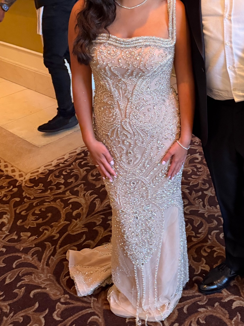 Embellished Beaded Evening Gown in Champagne